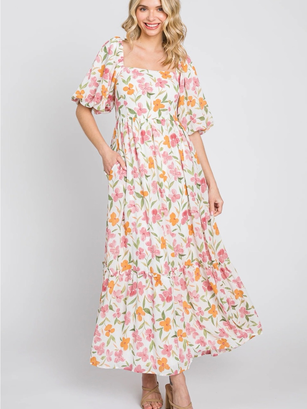 Floral Square-Neck Maxi Dress in Pink & Orange